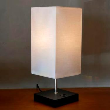 Imagem de Abajur Luminária de Mesa Clássica Quadrado MDF Preto Com Interruptor Com Cúpula Branca Decoração Casa, sala Quarto e Escritorio