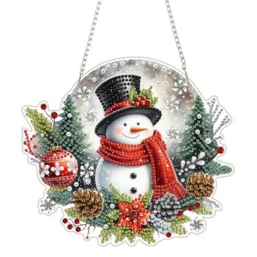 Imagem de BAWKENTON Kit de arte de diamantes pendurados de Natal para adultos, kit de pintura de diamantes de boneco de neve faça você mesmo, kit de pintura de diamantes acrílicos de 19,7 x 17,6 cm, ornamento