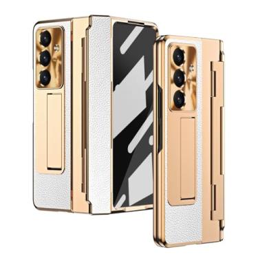 Imagem de Para Samsung Galaxy Z Fold 7 6 5 4 5g com película protetora de tela de vidro, couro de luxo, revestimento em uma peça, dobradiça, capa à prova de choque (para Galaxy Z Fold 5/ouro branco)