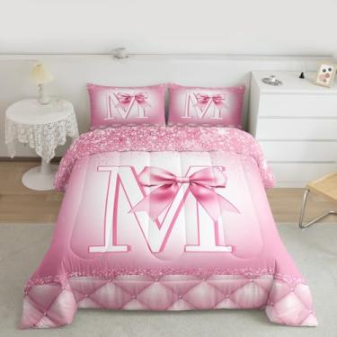 Imagem de Feelyou Conjunto de edredom com laço rosa, tamanho king, letra M, para crianças, meninos, meninas, princesa, glitter, edredom com laço, alfabeto, decoração de quarto, microfibra, 3 peças com 2 fronhas