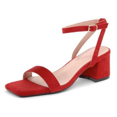 Imagem de Shoe Land Salto baixo feminino – bico quadrado aberto tira no tornozelo salto grosso | Sandálias sociais com laço duplo para casamento, noiva e festa, Vermelho 2501, 41