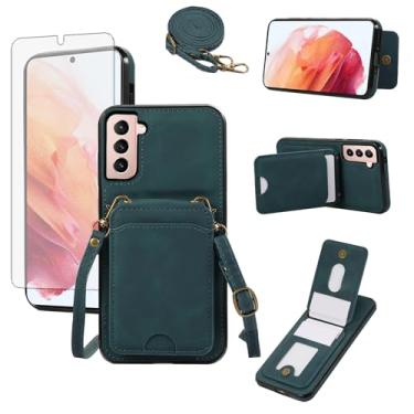 Imagem de Asuwish Capa de telefone para Samsung Galaxy S21 5G 6,2 polegadas capa carteira com protetor de tela de vidro temperado e alça de pulso transversal couro flip porta-cartão acessórios celulares S 21