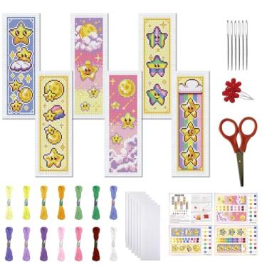 Imagem de FREEBLOSS Conjunto de 6 conjuntos de marcadores de página de ponto cruz, kit completo de ponto de cruz, kits de marcadores de página para iniciantes adultos com instruções, estrelas de desenho animado