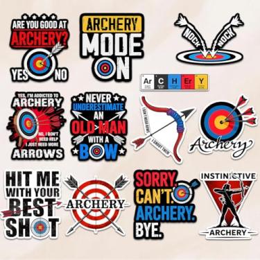 Imagem de Pacote com 12 adesivos de tiro com arco, caçador de arco e decalques de tiro ao alvo para arqueiros, treinadores, atletas, fãs de esportes ao ar livre e amantes de gama, perfeito para laptop, garrafa