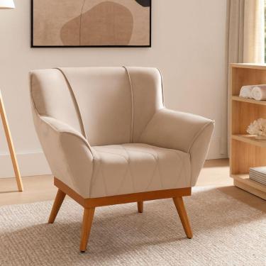 Imagem de Poltrona Adria Moderna Em Veludo Bege Com Pés De Madeira