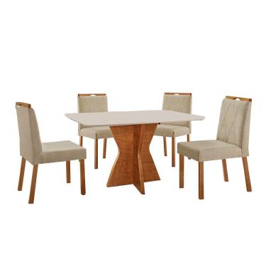 Imagem de Conjunto Sala De Jantar Mesa Madri 120x80cm Tampo Retângular Vidro Off White Com 4 Cadeiras Bela Linho Bege