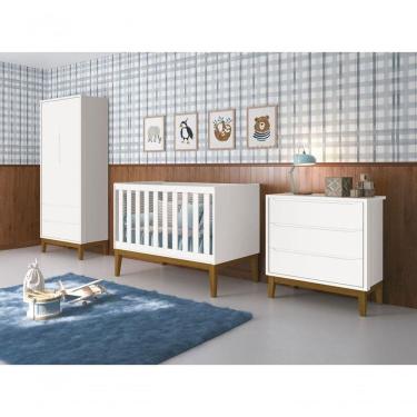 Imagem de Jogo De Quarto Para Bebê Completo 2 Portas Classic New Branco Fosco Com Madeira - Moveisaqui
