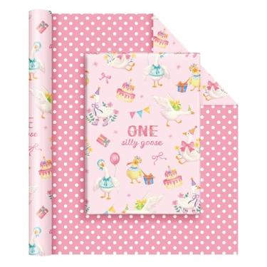 Imagem de WERNNSAI Papel de embrulho Silly Goose – 1 rolo de papel de embrulho de 1º aniversário de 43 cm x 10 m rosa para presente de aniversário para bebês meninas um ano embalagem para chá de bebê design
