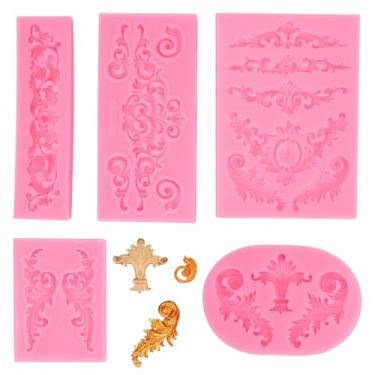 Imagem de 5 peças de molde de silicone para fondant de renda em estilo barroco rosa para artesanato, molde de renda de flor em relevo, molde de filigrana, decoração esculpida em 3D, enfeite de cupcake