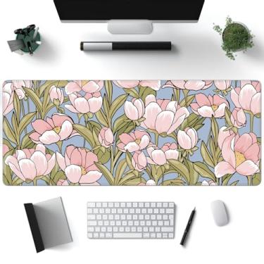 Imagem de Tapete de mesa, aquarela tulipa flores GG 70 cm x 29 cm, mouse pad grande para jogos, 3 mm de espessura, base de borracha antiderrapante com bordas costuradas para decoração de casa, jogos de