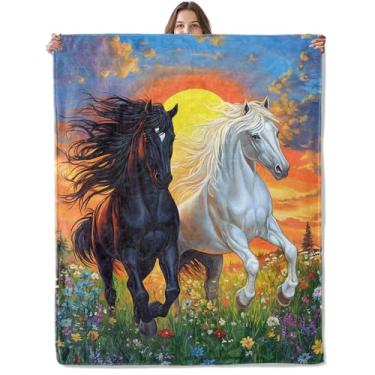 Imagem de Lugiu Cobertor de cavalo de pôr do sol, leve e confortável para cavalos de corrida com flores silvestres, cobertores para sofá, quarto, cobertor de flanela de viagem macio para adultos, crianças e