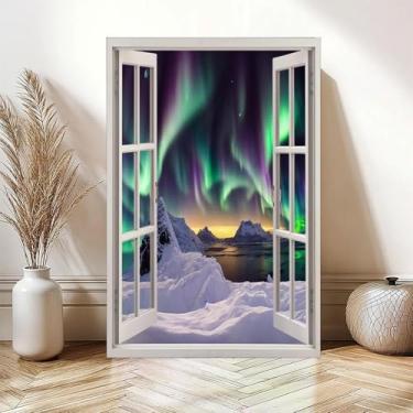 Imagem de UZWGG 1 peça Impressão em tela sem moldura, arte de parede, janela, luz do norte, boreal, montanha, natureza, fotografia, realismo, paisagem cênica, colorido, multicolorido, para sala de estar, quarto