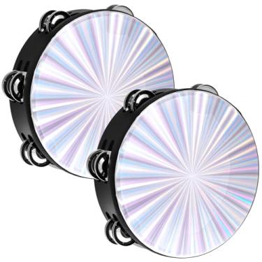 Imagem de QWORK Tamborim radiante de 20 cm de fileira dupla, pacote com 2 tambores portáteis com cabeça refletiva, instrumento de percussão de madeira para igreja, festa, aula de música, 20 x 5,5 cm