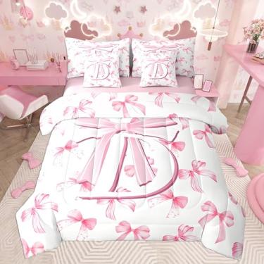 Imagem de jejeloiu Conjunto de edredom com laço rosa fofo com lençol king size, monograma, 7 peças, com inicial D, em uma bolsa com edredom, lençóis, fronhas, laço coquete, moda moderna