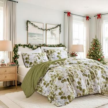 Imagem de Conjunto de edredom leve Seersucker Botanical Queen, com design reversível, conjunto de cama de microfibra premium, conjunto de edredom e fronhas, verde-oliva