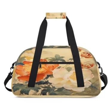 Imagem de Bolsa esportiva com flor, retrô, laranja, branca, tamanho grande, impermeável, durável, dobrável, bolsa de festa do pijama, bolsa de treino para dança, balé, academia, ginástica, bolsa de viagem