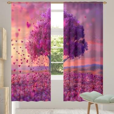 Imagem de 2 conjuntos de painéis, árvore, coração, roxo, primavera, cortinas transparentes, arejadas, com filtro leve, painéis de cortina de porta e janela para sala de estar, quarto, jantar, 213 cm de