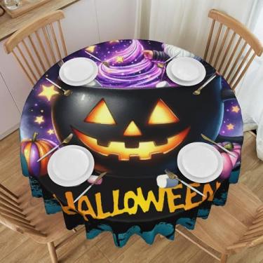 Imagem de Toalha de mesa redonda com caldeirão mágico preto para Halloween, impermeável, lavável, 152 cm, capa de mesa circular, protetor de mesa para jantar, cozinha, festa, pátio, decoração interna e externa