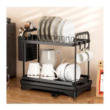 Imagem de HGTRH Escorredor de louça de 2 camadas, escorredores de pratos compactos com suporte de talheres bico de drenagem giratório de 360° para balcão de cozinha, ferro preto