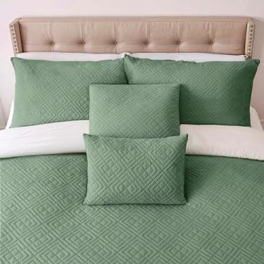 Imagem de Clara Clark Colchas Queen Size – Conjunto de colcha para todas as estações, conjunto de cama leve de trama Pinsonic – Conjunto de colcha queen de 7 peças com fronhas, verde sálvia – Queen Diamond