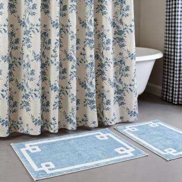 Imagem de Lounsweer Conjunto de 3 peças de cortina de chuveiro azul com tapetes de banheiro de algodão antiderrapante floral algodão linho cottagecore cortina de chuveiro para banheiro casa de fazenda hotel