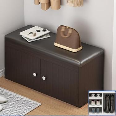 Imagem de Yadlan Armário de sapatos, banco de sapatos com organizador de sapateira de madeira com almofada de assento e prateleiras ajustáveis banco com sapateira com porta de armário C 100 cm