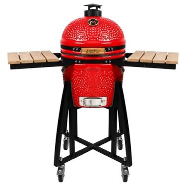 Imagem de London Sunshine Churrasqueira e defumador de cerâmica Kamado a carvão de 38 cm com rodízios de bloqueio, prateleiras laterais dobráveis, grades de aço inoxidável e suporte alto (vermelho)