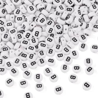 Imagem de FASHEWELRY 500 peças de contas de acrílico letra B 7 x 4 mm a granel contas planas redondas do alfabeto contas maiúsculas iniciais para pulseiras da amizade colar brinco fabricação de joias branco
