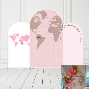 Imagem de Capas de elastano para decoração de festa de aniversário rosa de aventura Awaits Begins avião piloto mapa de viagem crianças chá de bebê decorações de festa (g4030, 2 x 1 m)