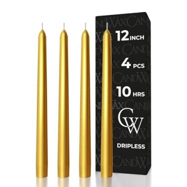 Imagem de CANDWAX Velas pontiagudas douradas de 30,5 cm, 4 peças, velas de Natal, sem gotejamento, velas altas, longo tempo de queima, sem perfumes, castiçais dourados
