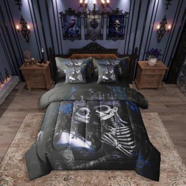 Imagem de Conjunto de edredom de casal de caveira de açúcar para casal, cama de casal, vintage, gótico, retrô, esqueleto gótico, estilo vitoriano, exótico, decoração de quarto floral rosa azul