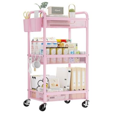 Imagem de YASONIC Carrinho de rodinhas de 3 níveis – Carrinho de armazenamento utilitário de metal com rodas, organizador de carrinho de artesanato com copos suspensos, ganchos, cesta de malha para cabeceira de