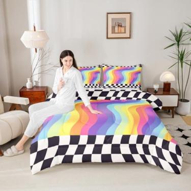 Imagem de Castle Fairy Jogo de cama infantil quadriculado quadriculado clássico, preto e branco, para adolescentes, arco-íris, abstrato, geométrico, reversível, conjunto de colcha xadrez, 3 peças
