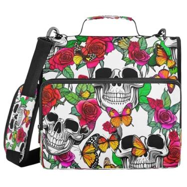 Imagem de STAYTOP Fichário escolar de caveira de Halloween com alça de ombro, anéis de vedação de 3,8 cm, capacidade para 600 folhas, pasta de arquivos expansível, vários bolsos e organizador de armazenamento