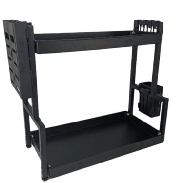 Imagem de Organizador Multiuso de Metal com 2 Andares, Preto, 45x22x41cm, para Cozinha e Área de Serviço, com Porta-Facas e Porta-Rolos