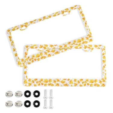 Imagem de Wassud Moldura decorativa de alumínio para placa de carro com folhas de bordo amarelas, 2 unidades, suporte universal para placa de licença para carros padrão dos EUA