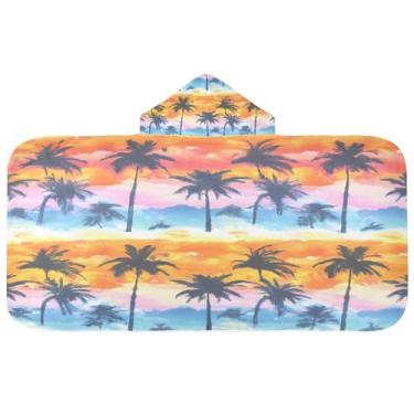 Imagem de Burbuja Toalha de banho com capuz de palmeiras tropicais para crianças, toalha de praia de pelúcia macia absorvente para meninas e meninos 3-10 anos, 61 x 127 cm