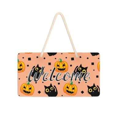 Imagem de Burbuja Placa de boas-vindas Black Cats Pumpkins para porta da frente, placa de boas-vindas de PVC para decoração de férias, 15 x 28 cm