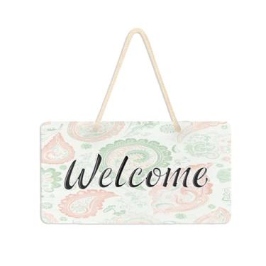 Imagem de Burbuja Placa de boas-vindas Paisley rosa menta para porta da frente, placa de boas-vindas de PVC para pendurar na parede varanda casa de fazenda, decoração de feriados, 15 x 28 cm