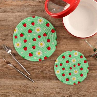 Imagem de CEBUGI Conjuntos de suportes de panela redondos de algodão para panelas quentes resistentes ao calor para cozinhar e assar, 2 peças de morangos