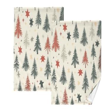 Imagem de CEBUGI Conjunto de 2 toalhas de banho - toalhas de algodão macio para lavar o rosto - toalhas de banho de mão para cuidados com a pele do banheiro | 41 x 71 cm | Árvores de Natal vintage