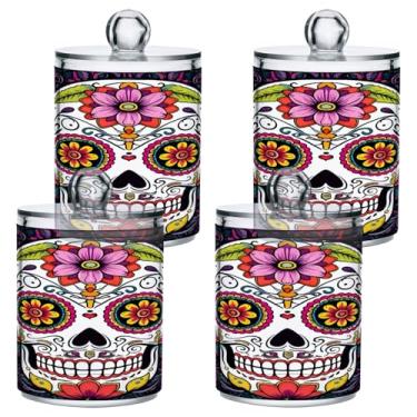 Imagem de STAYTOP 4 frascos de boticário Qtip para banheiro com etiquetas – Recipiente de armazenamento Qtip de plástico transparente para bola de algodão, cotonete, crânio de açúcar colorido em grão de café