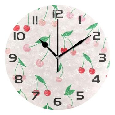 Imagem de Burbuja Relógio de parede rosa cereja silencioso, sem tique-taque, relógio de parede redondo de 25 cm operado por bateria para casa, sala de estar, casa de fazenda, decoração de escritório