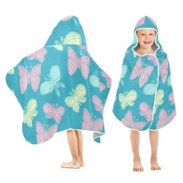 Imagem de Burbuja Toalha de banho com capuz Butterflies in Pastel para crianças, toalha de praia de pelúcia macia absorvente para meninas e meninos 3-10 anos, 61 x 127 cm
