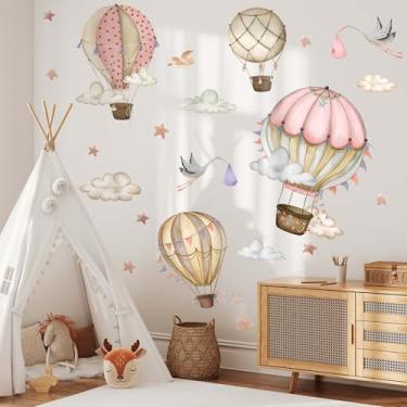 Imagem de FUFUQUARE Adesivos de parede em aquarela com balões de ar quente, desenhos animados, pássaros voadores, estrelas, nuvens, adesivos de parede para quarto de berçário, quarto de criança, decoração de