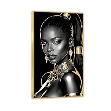 Imagem de Arte de parede em tela de mulher afro-americana preta dourada imagem de parede de menina negra pintura moderna sala de estar quarto decoração de casa 30 x 52 cm (12 x 21 pol) moldura dourada