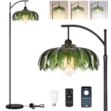 Imagem de QIYIZM Luminária de chão de vidro para sala de estar, quarto, luminária de pé regulável dourada com controle remoto, lâmpada alta de latão moderna de meados do século, boêmia, vintage, retrô, arco