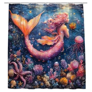 Imagem de JONSEQIN Cortina de chuveiro sereia fantasia mundo subaquático oceano tropical peixe coral animal náutico mar misterioso conto de fadas cortinas decoração de banheiro costeira 178 x 178 cm com gancho