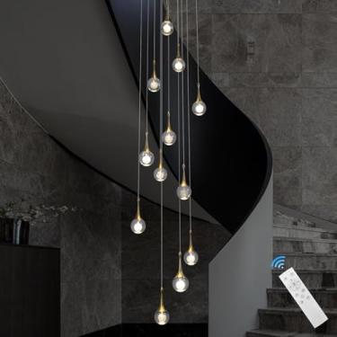 Imagem de Lustre de cristal LED moderno e deslumbrante, luminária pendente de luxo em formato de gota d'água dourada, com controle remoto e altura ajustável, ideal para escadas, halls de entrada e hot
