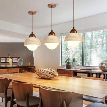 Imagem de Lustre de travertino amarelo natural, luminária pendente de madeira, estilo wabi sabi, decoração japonesa, ideal para sala de jantar, cabeceira, ilha de cozinha, mini luminária suspensa para